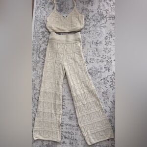 The Drop Cream Knit/Crochet Crop Top & Flare Set